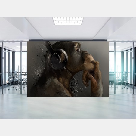 Wall mural contemplative chimp with headphones • Wallissimo®