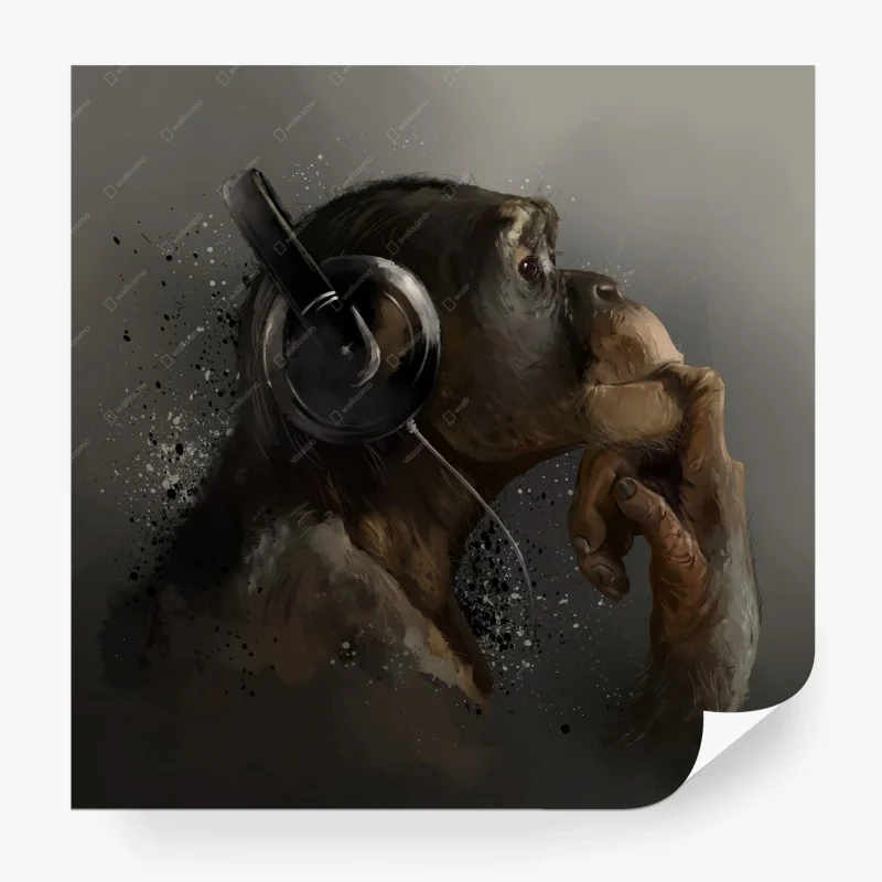 Wall mural contemplative chimp with headphones