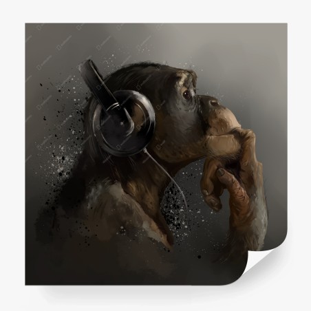 Wall mural contemplative chimp with headphones • Wallissimo®