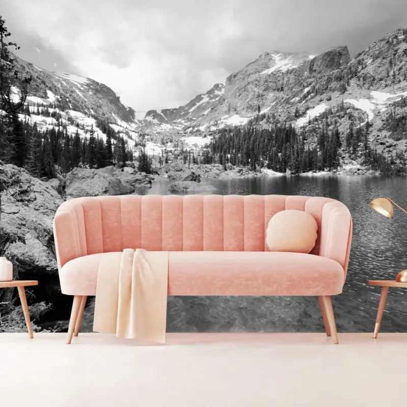 Wall mural alpine mountain lake in monochrome