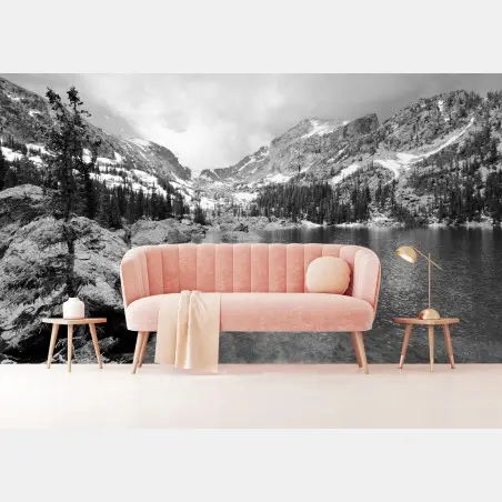 Wall mural alpine mountain lake in monochrome • Wallissimo®