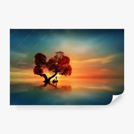 Wall mural solitary red tree at sunset • Wallissimo®