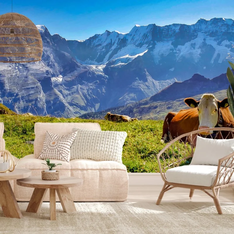 Wall mural alpine meadow with resting cow