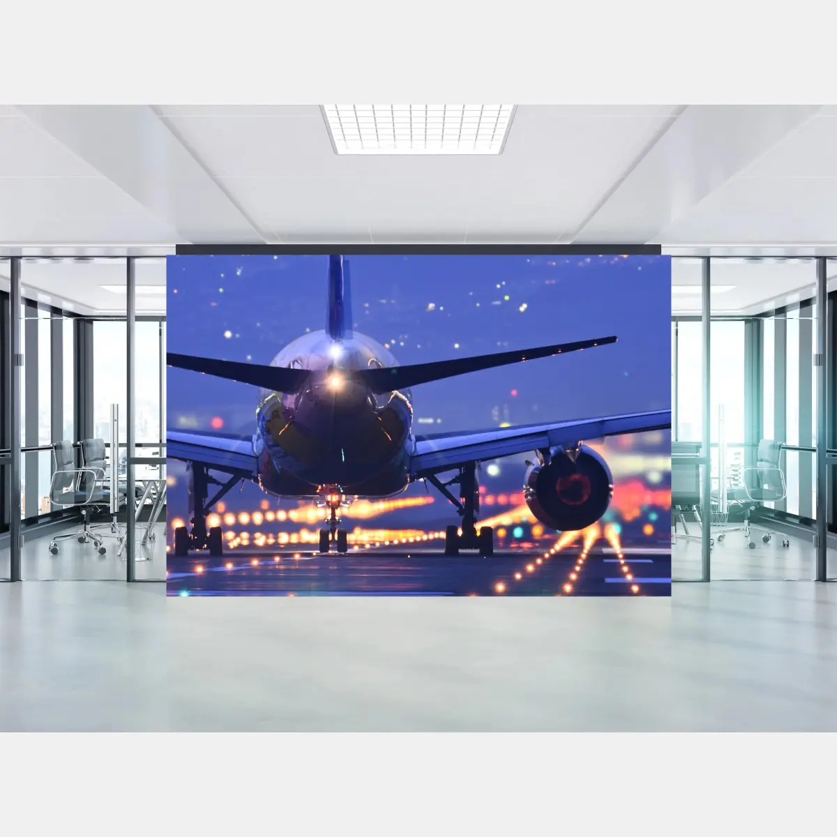 Wall mural airplane on runway at dusk • Wallissimo®