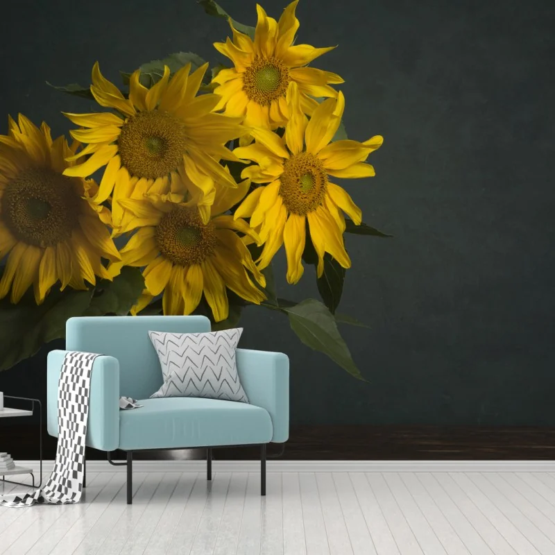 Wall mural sunflower bouquet on dark background