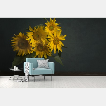 Wall mural sunflower bouquet on dark background • Wallissimo®