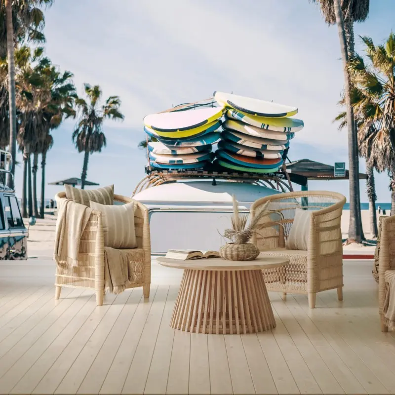 Wall mural sunny beach retro van with surfboards