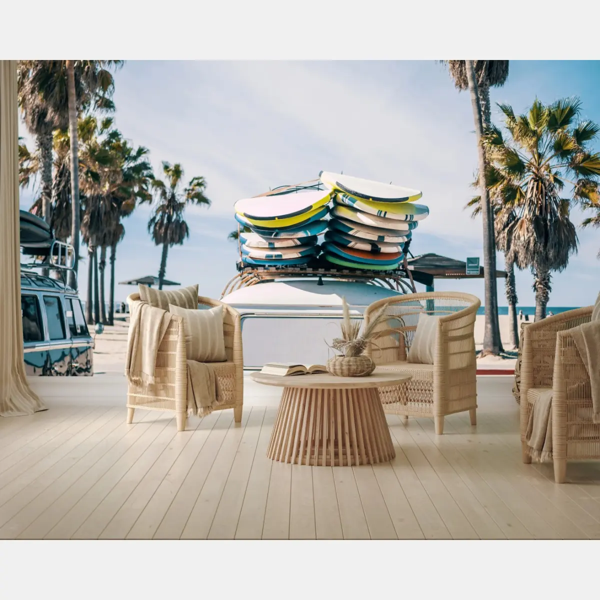 Wall mural sunny beach retro van with surfboards • Wallissimo®