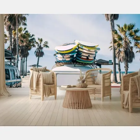 Wall mural sunny beach retro van with surfboards • Wallissimo®