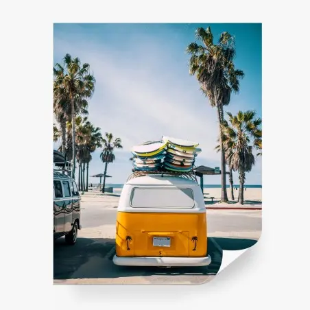 Wall mural sunny beach retro van with surfboards • Wallissimo®