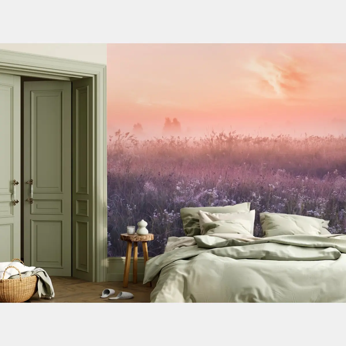 Wall mural serene pastel meadow at dawn • Wallissimo®