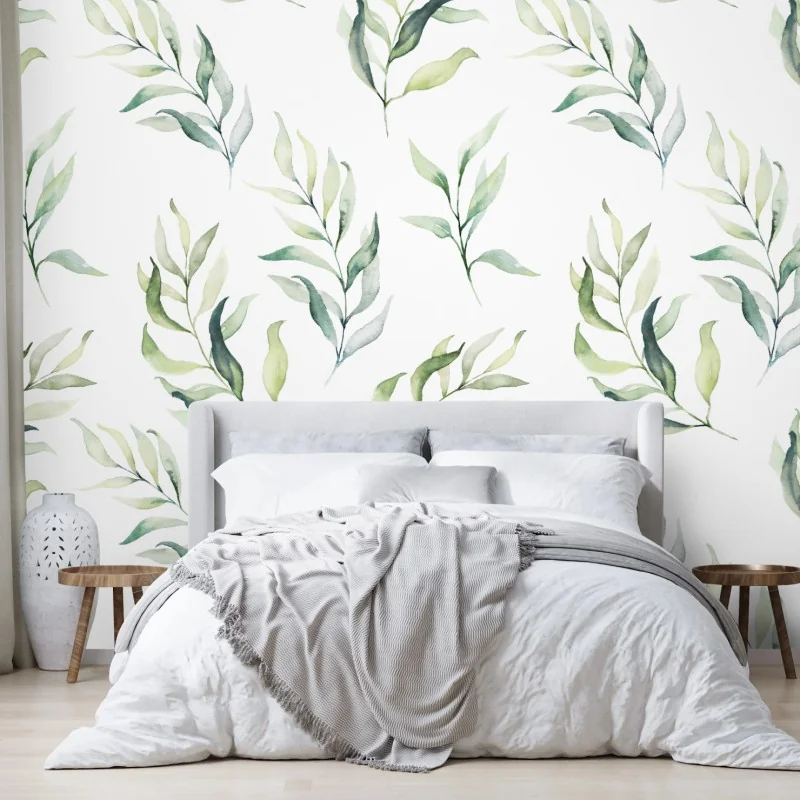 Wall mural soft watercolor green leaves pattern