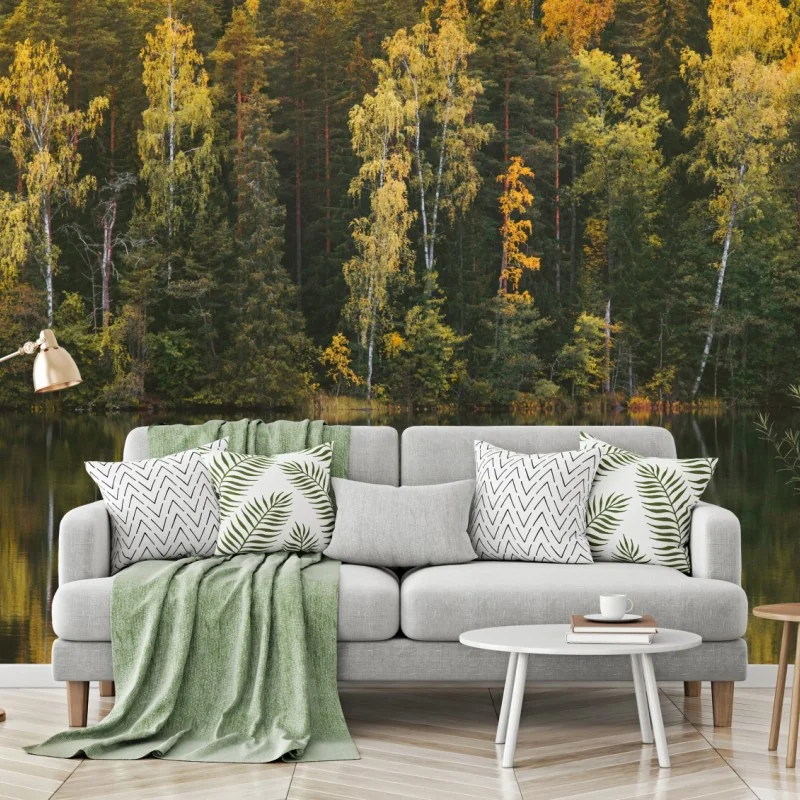 Wall mural autumn forest reflection over lake