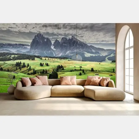 Wall mural alpine meadow beneath dramatic peaks • Wallissimo®