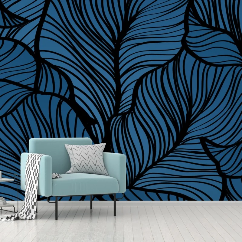 Wall mural deep blue botanical leaf pattern • Wallissimo®