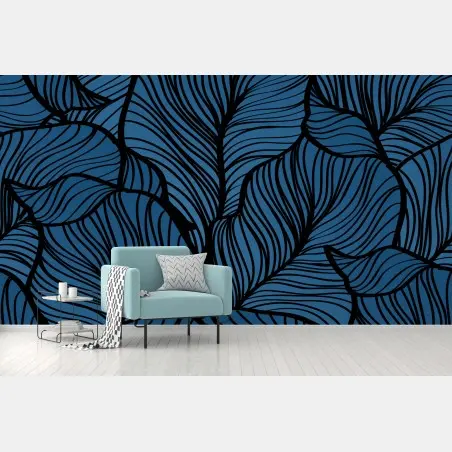 Wall mural deep blue botanical leaf pattern • Wallissimo®