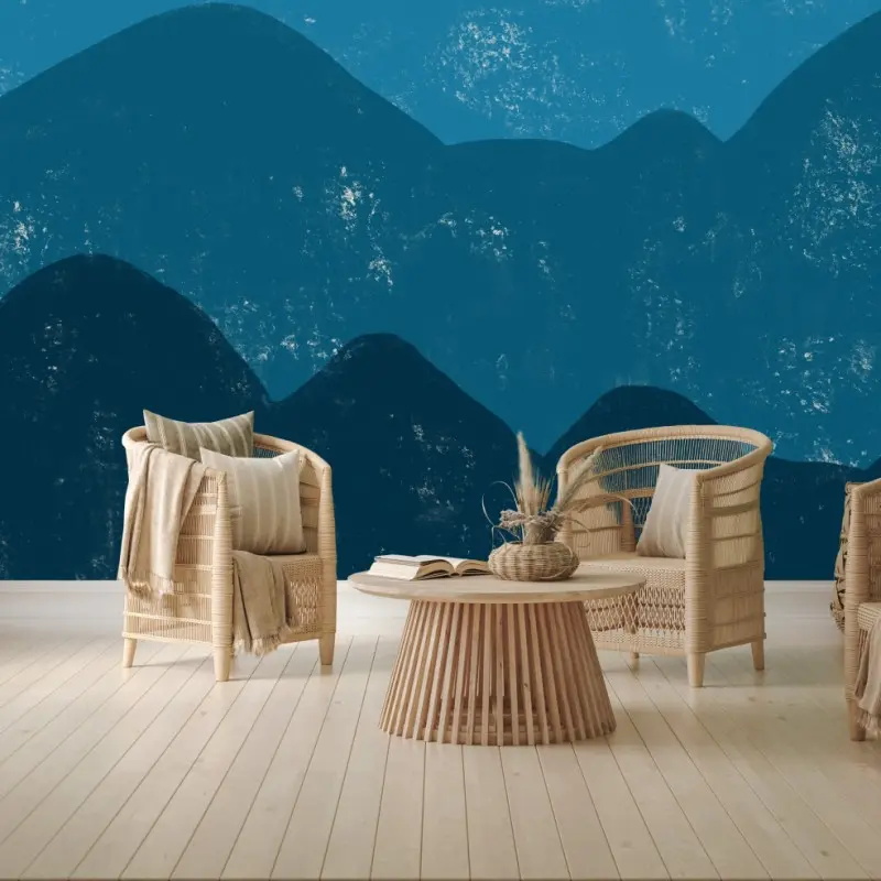Wall mural textured blue mountain layers with sun