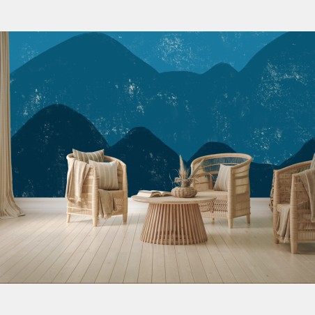 Wall mural textured blue mountain layers with sun • Wallissimo®
