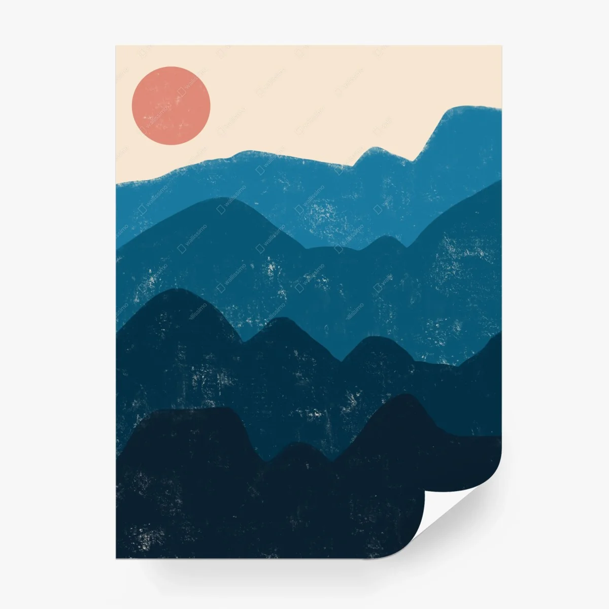 Wall mural textured blue mountain layers with sun • Wallissimo® Wall mural textured blue mountain layers with sun • Wallissimo®