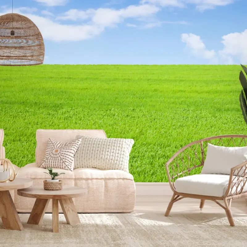 Wall mural endless green meadow under blue sky