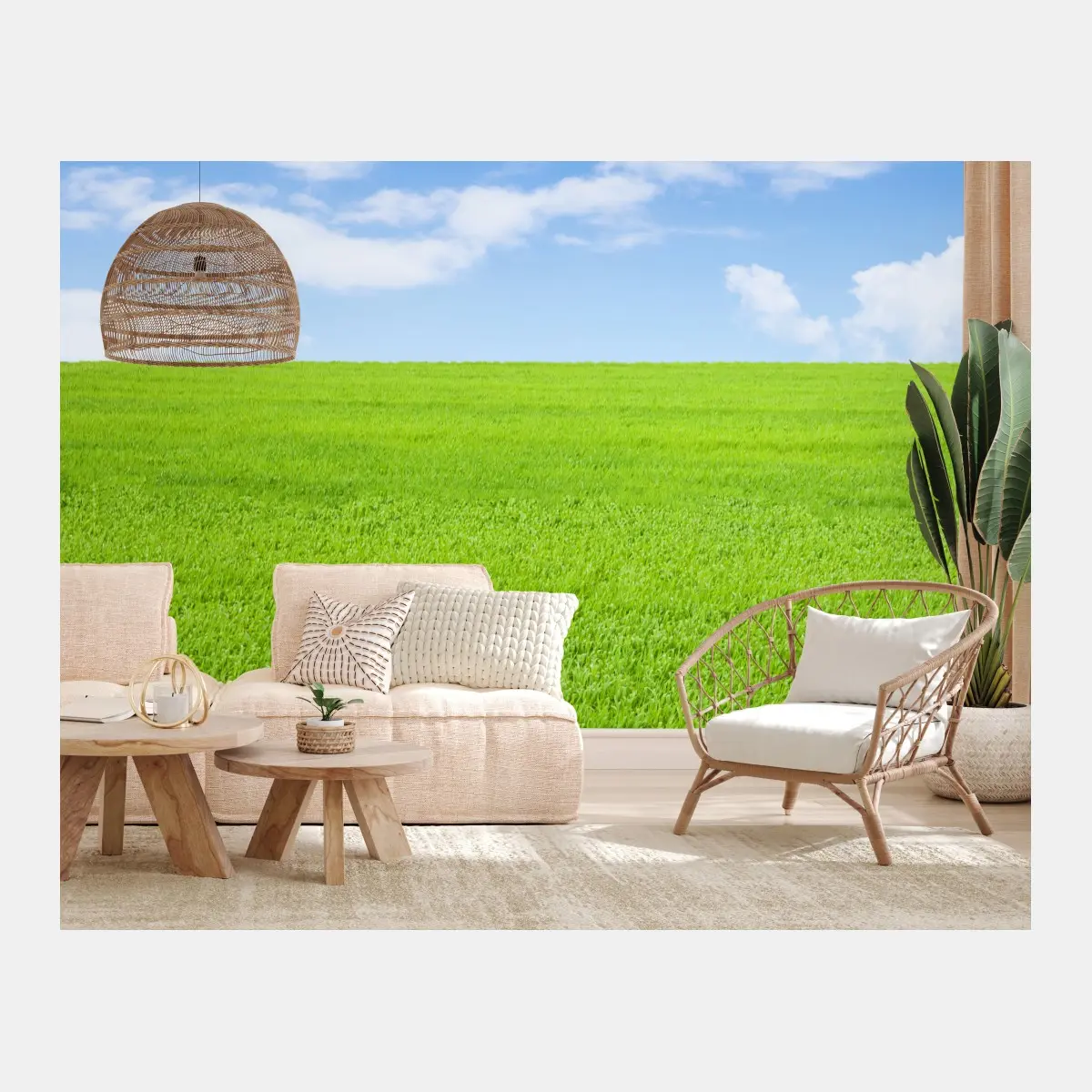 Wall mural endless green meadow under blue sky • Wallissimo®