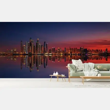 Wall mural city skyline at sunset with reflection • Wallissimo®
