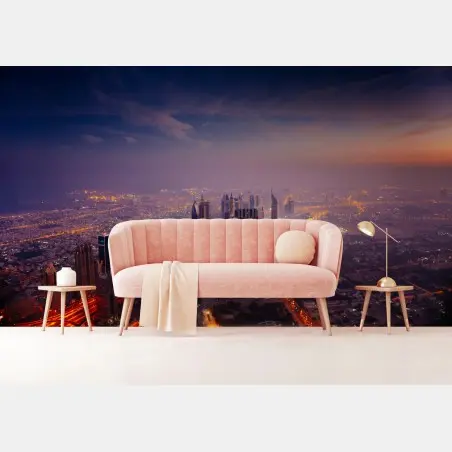 Wall mural dusk city skyline with glowing lights • Wallissimo®