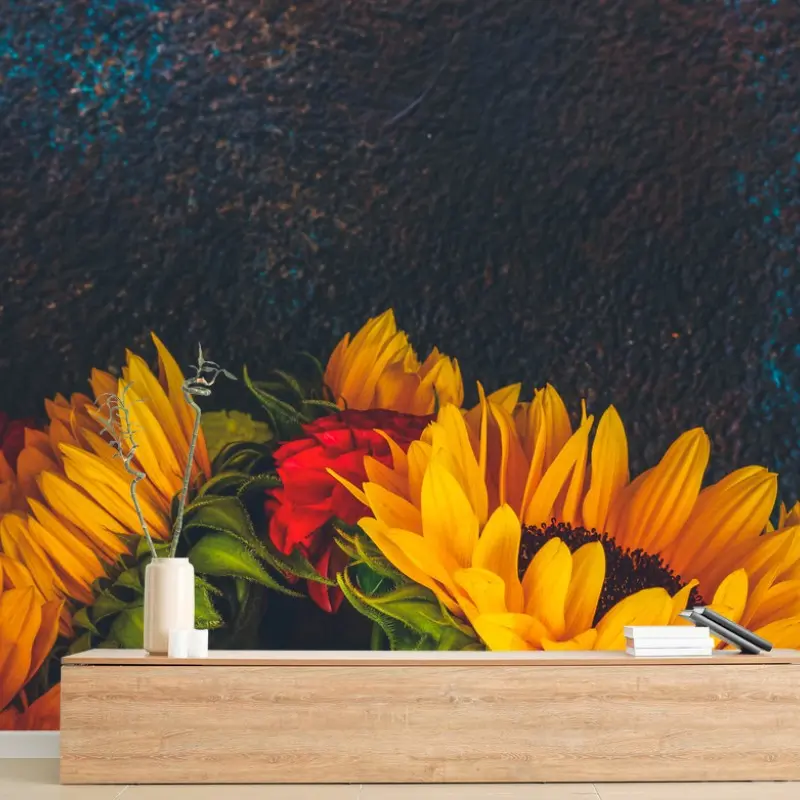 Wall mural vibrant sunflower bouquet on dark background