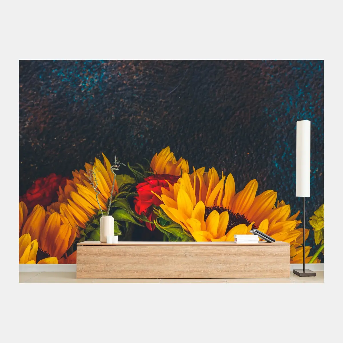 Wall mural vibrant sunflower bouquet on dark background • Wallissimo®