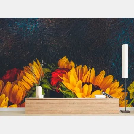 Wall mural vibrant sunflower bouquet on dark background • Wallissimo®