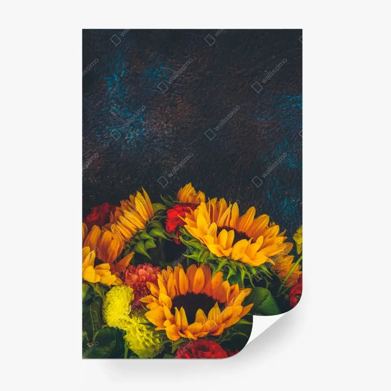 Wall mural vibrant sunflower bouquet on dark background