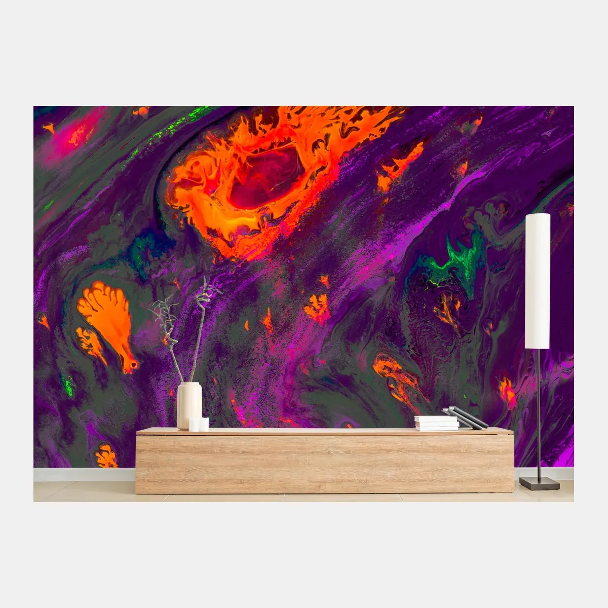 Wall mural Ottoman marbling abstract pattern in purple and orange • Wallissimo®