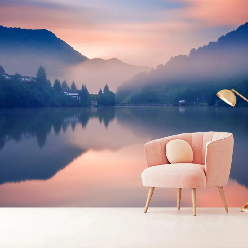 Wall mural misty mountain lake at dawn