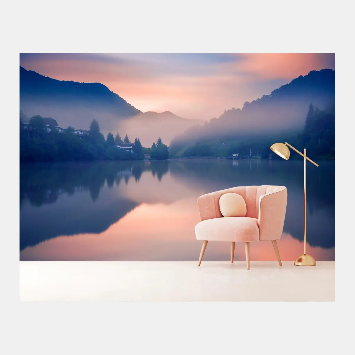 Wall mural misty mountain lake at dawn • Wallissimo®
