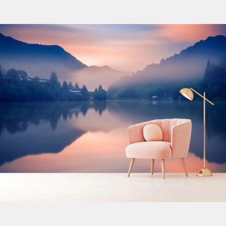 Wall mural misty mountain lake at dawn • Wallissimo®