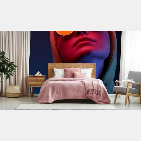Wall mural neon portrait with round sunglasses • Wallissimo®