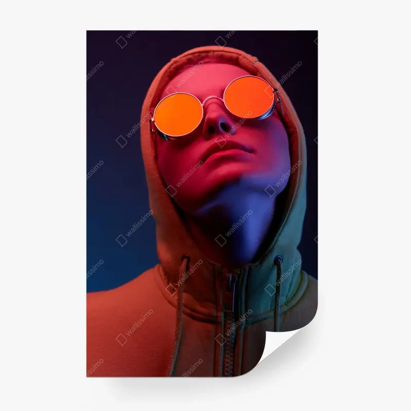 Wall mural neon portrait with round sunglasses