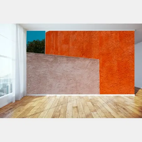 Wall mural bold geometric facade in orange and turquoise • Wallissimo®