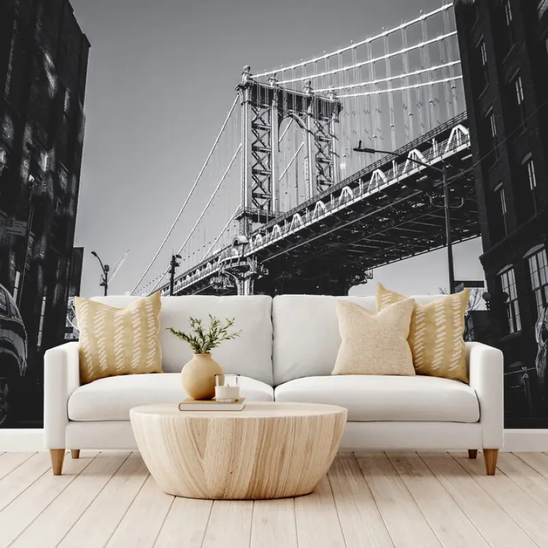 Wall mural Manhattan bridge perspective over cobblestone street