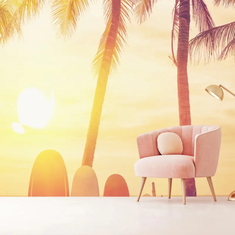 Wall mural tropical sunset with surfboards