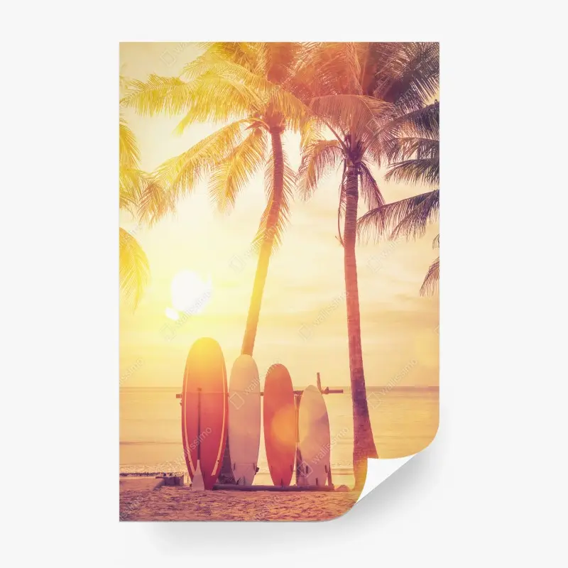 Wall mural tropical sunset with surfboards
