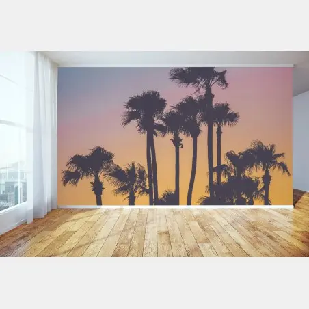 Wall mural retro tropical palm silhouettes at sunset • Wallissimo®
