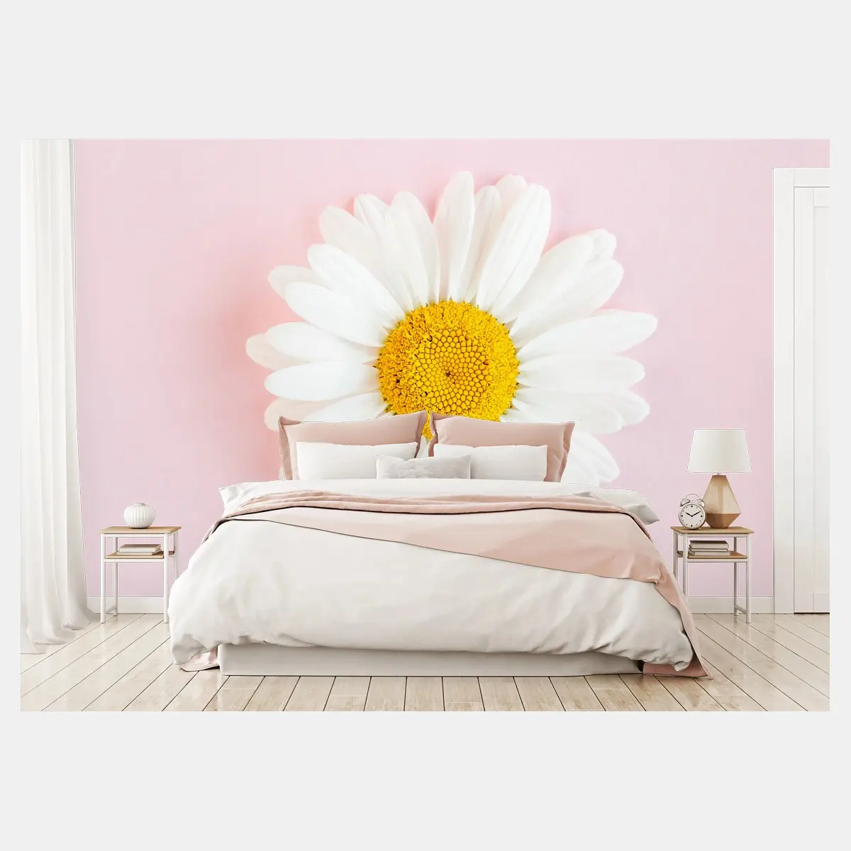 Wall mural white daisy on pastel pink background • Wallissimo®