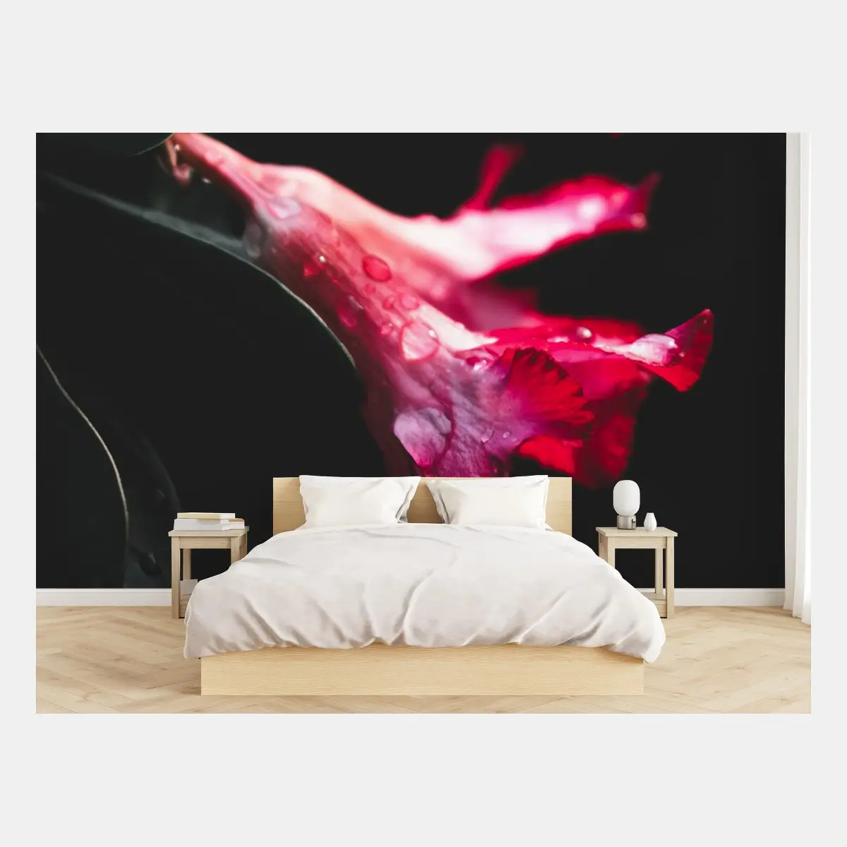 Wall mural pink trumpet flowers with dewdrops • Wallissimo®