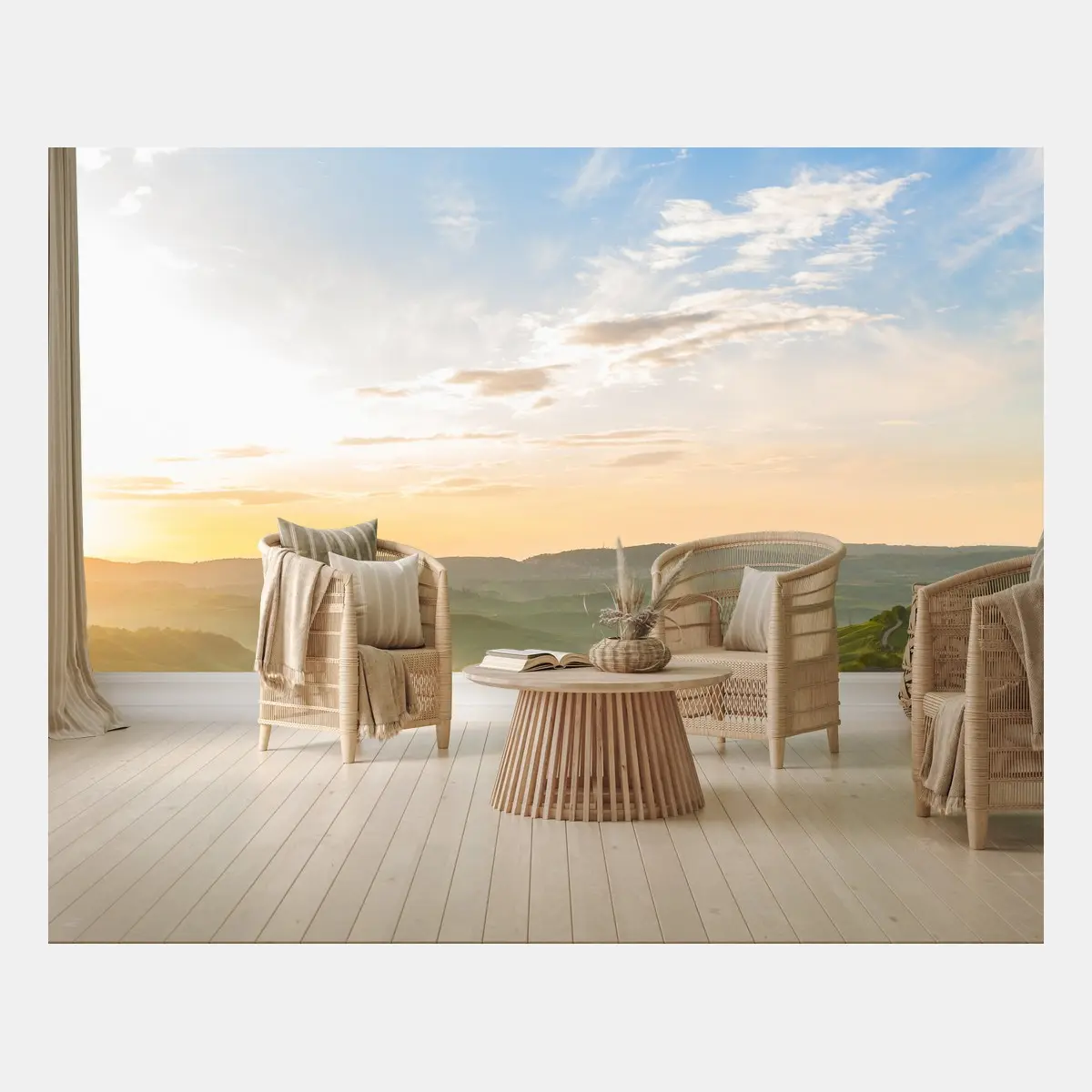 Wall mural sunrise over misty rolling hills • Wallissimo®