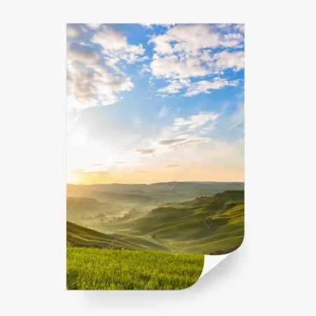 Wall mural sunrise over misty rolling hills • Wallissimo®