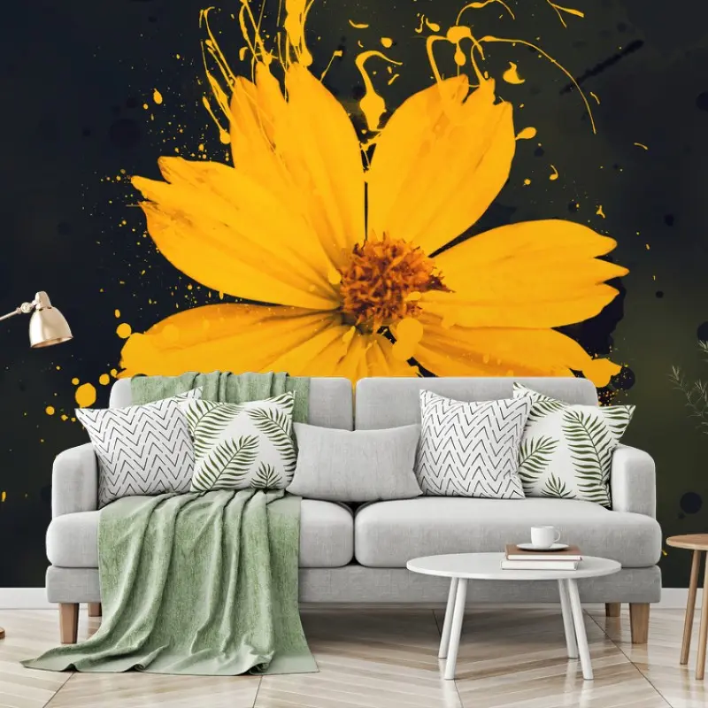 Wall mural vibrant yellow bloom on dark background