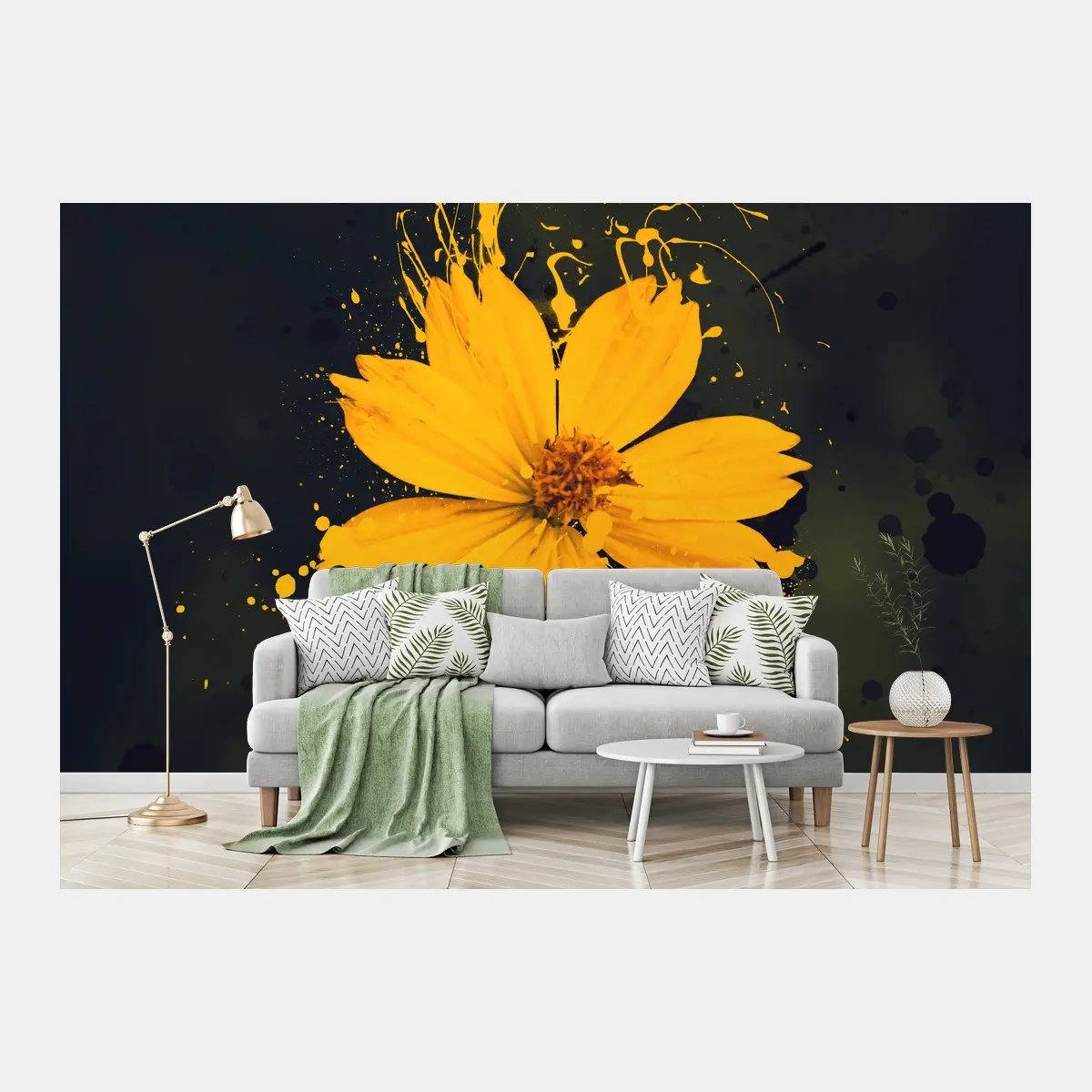 Wall mural vibrant yellow bloom on dark background • Wallissimo®