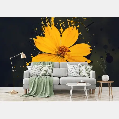 Wall mural vibrant yellow bloom on dark background • Wallissimo®