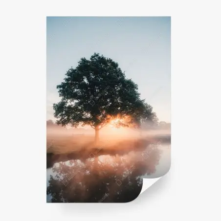 Wall mural misty sunrise by the oak tree • Wallissimo®